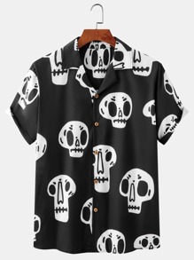 Guys Skull Print Button Front Lapel Collar Shirt