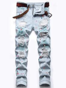 Guys Splatter Print Ripped Jeans