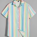 Guys Striped Button Front Curved Hem Shirt