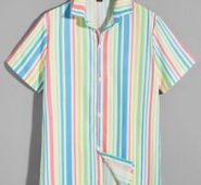 Guys Striped Button Front Curved Hem Shirt