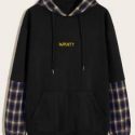 Guys Tartan & Letter Graphic Drawstring Hoodie