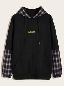 Guys Tartan & Letter Graphic Drawstring Hoodie