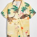 Guys Tree & Flamingo Graphic Button Front Shirt