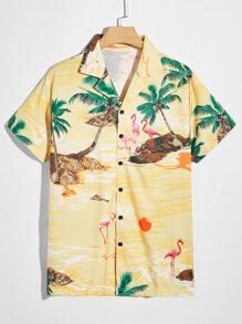 Guys Tree & Flamingo Graphic Button Front Shirt