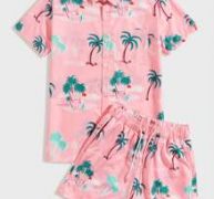 Guys Tropical And Letter Graphic Shirt & Drawstring Waist Shorts