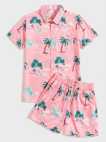 Guys Tropical And Letter Graphic Shirt & Drawstring Waist Shorts