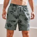 Guys Tropical Print Drawstring Waist Swim Trunks