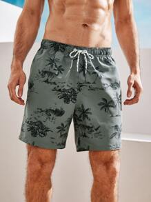 Guys Tropical Print Drawstring Waist Swim Trunks