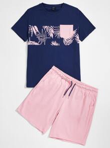 Guys Tropical & Colorblock Print Tee & Shorts Set