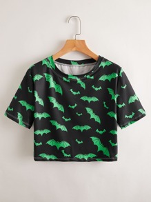 Halloween Bat Print Crop Tee