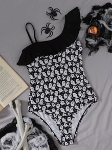 Halloween Ghost Print Ruffle One Piece Swimsuit