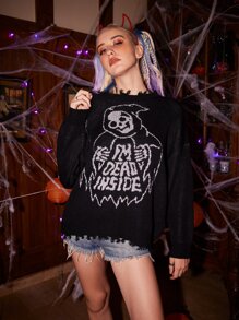 Halloween Letter Skull Pattern Distressed Sweater