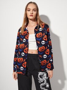 Halloween Print Button Front Blouse