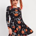 Halloween Pumpkin And Skeleton Print Fit And Flare Dress