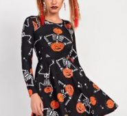Halloween Pumpkin And Skeleton Print Fit And Flare Dress