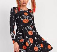 Halloween Pumpkin And Skeleton Print Fit And Flare Dress