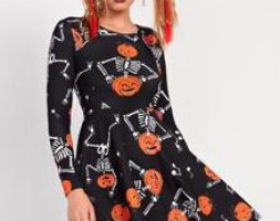 Halloween Pumpkin And Skeleton Print Fit And Flare Dress