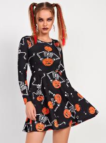 Halloween Pumpkin And Skeleton Print Fit And Flare Dress