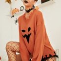 Halloween Pumpkin Pattern Drop Shoulder Distressed Sweater