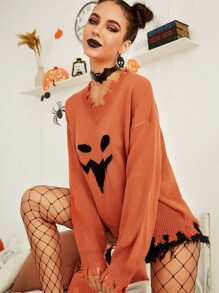 Halloween Pumpkin Pattern Drop Shoulder Distressed Sweater