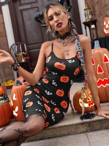 Halloween Pumpkin Print Bodycon Cami Dress