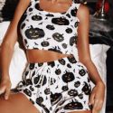 Halloween Pumpkin Print Crop Tank Top & Shorts PJ Set