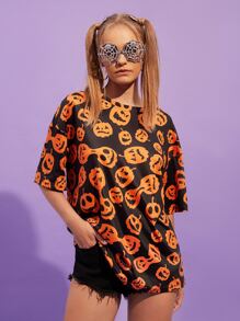 Halloween Pumpkin Print Drop Shoulder Tee