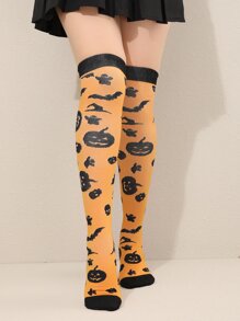 Halloween Pumpkin Print Over The Knee Socks