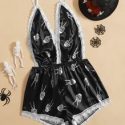 Halloween Skeleton Hand Print Lace Trim Satin Romper Bodysuit