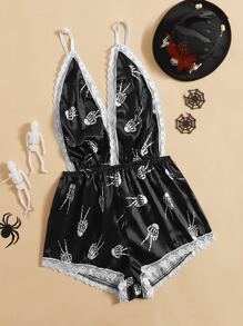 Halloween Skeleton Hand Print Lace Trim Satin Romper Bodysuit