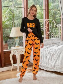 Halloween & Letter Graphic Tee & Pants PJ Set