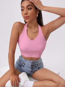 Halterneck Solid Rib-knit Crop Top