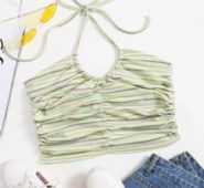 Halterneck Tie Back Striped Rib-knit Crop Top