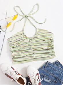 Halterneck Tie Back Striped Rib-knit Crop Top