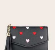 Heart Embroidered Tassel Decor Purse