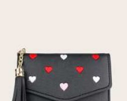 Heart Embroidered Tassel Decor Purse