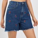 Heart Embroidery Distressed Denim Shorts