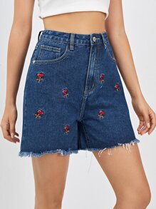 Heart Embroidery Distressed Denim Shorts