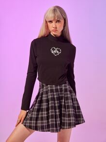 Heart Graphic Tee & Plaid Pleated Skirt