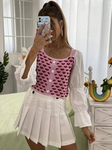 Heart Pattern Gathered Sleeve Sweater