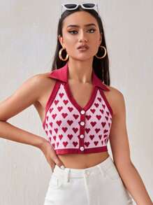 Heart Pattern Halter Neck Knit Top