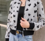 Heart Pattern Zip Up Bomber Jacket
