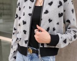 Heart Pattern Zip Up Bomber Jacket