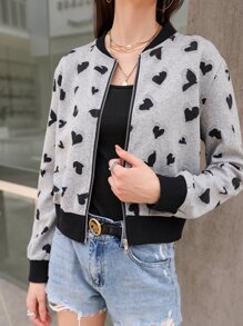 Heart Pattern Zip Up Bomber Jacket