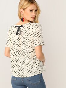 Heart Print Bow Applique Short Sleeve Top