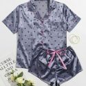 Heart Print Button Up Satin Top With Shorts