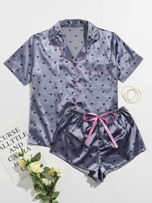 Heart Print Button Up Satin Top With Shorts