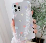 Heart Print Clear Phone Case & Chain Strap