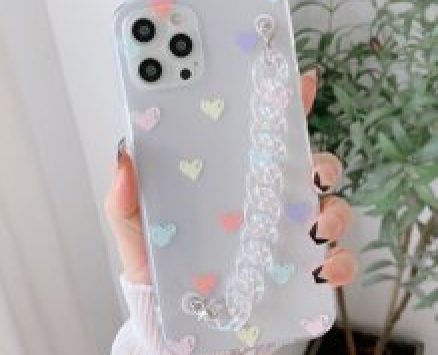 Heart Print Clear Phone Case & Chain Strap