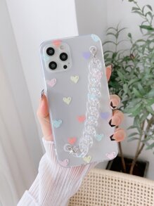 Heart Print Clear Phone Case & Chain Strap